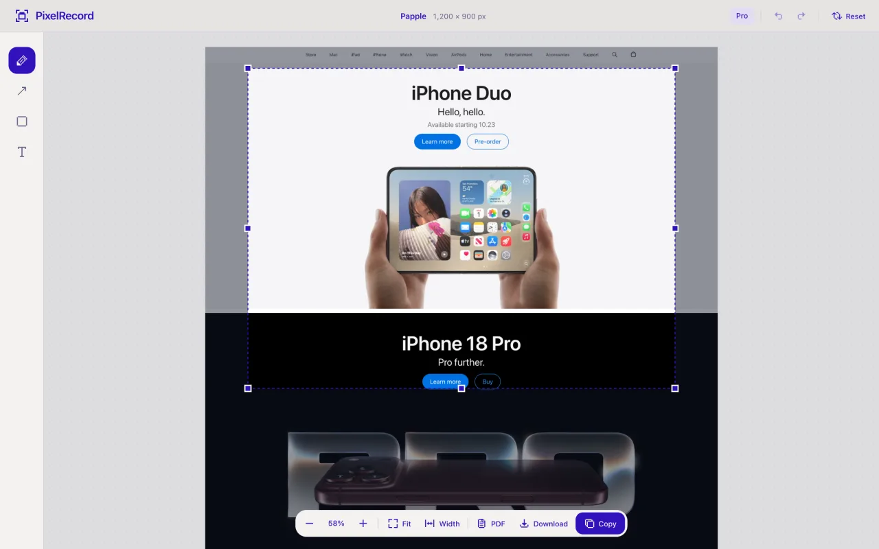 PixelRecord editor with the crop frame dragged around the battery section of the page