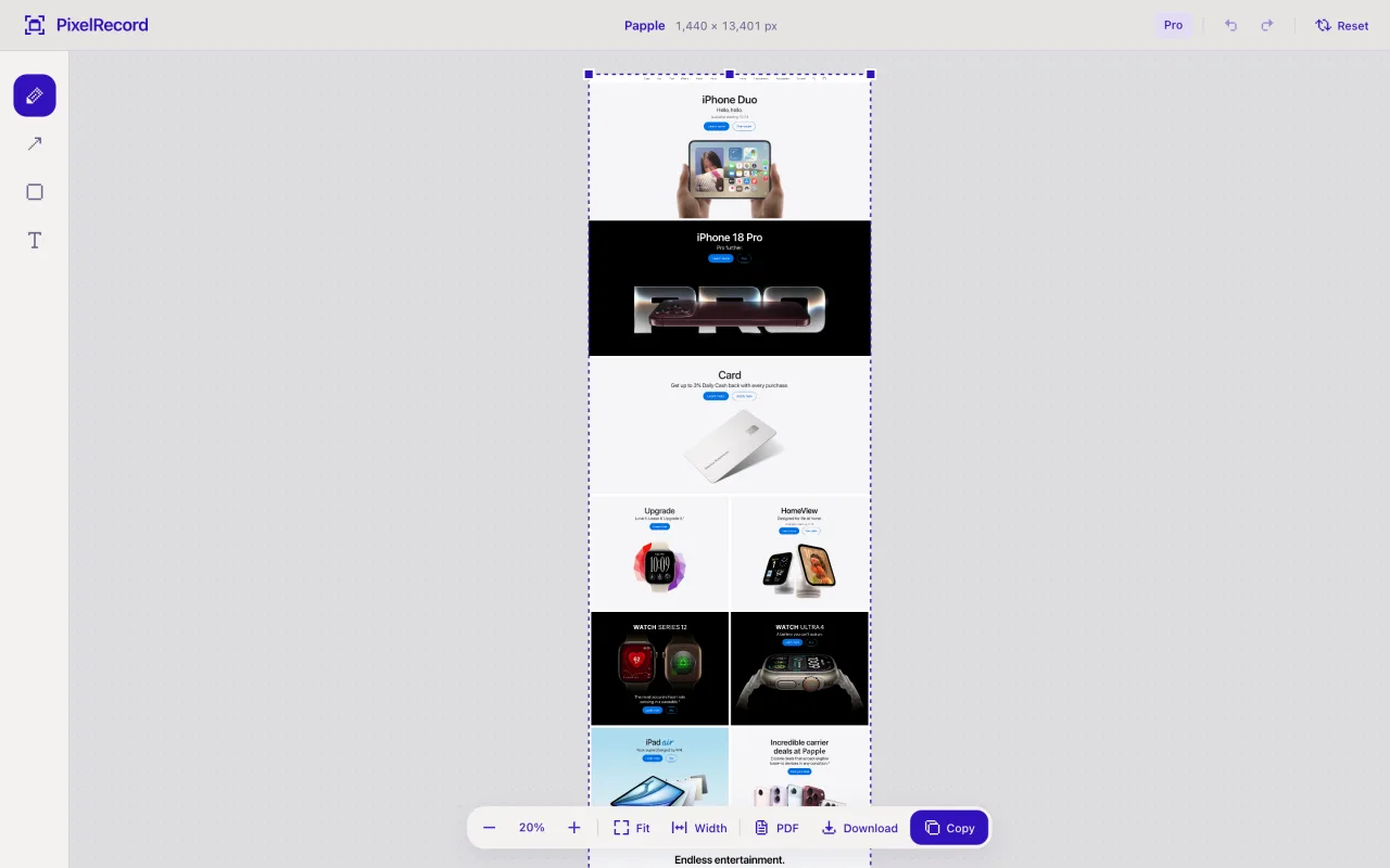 PixelRecord editor showing a very long full-page capture of a product page, zoomed out to fit